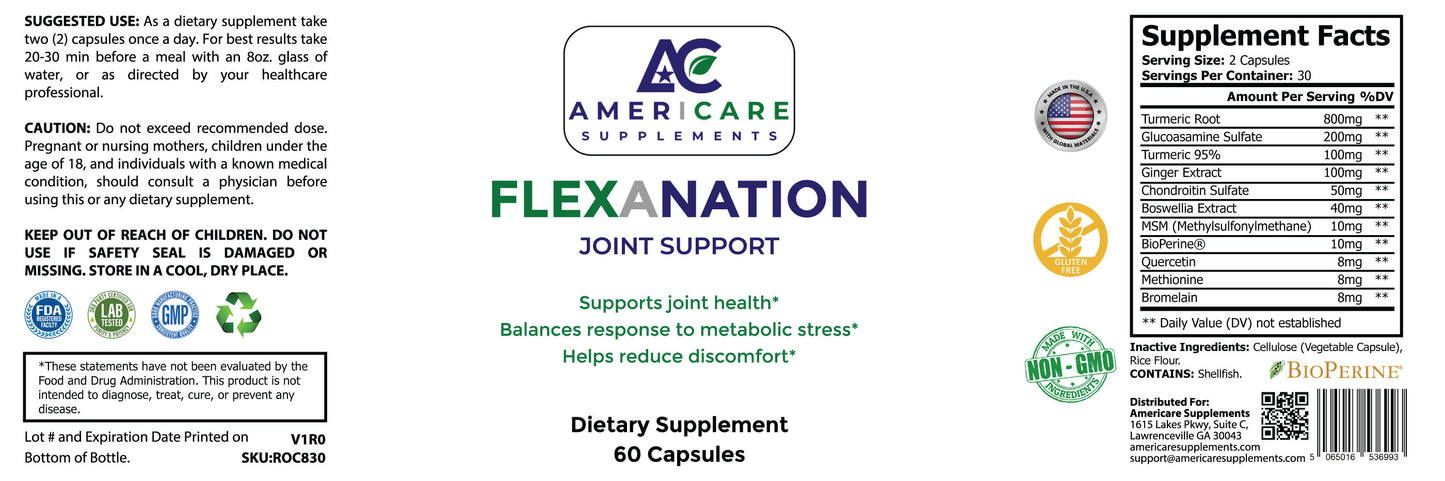 Supplement label for Americare Supplements - Flexanation Joint Support with branding and product details.
