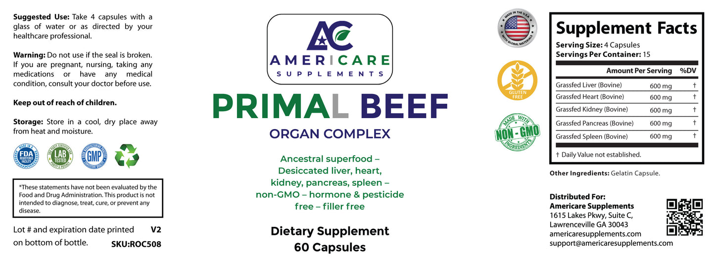 Supplement label for Americare Supplements Primal Beef Organ Complex with supplement facts and branding.
