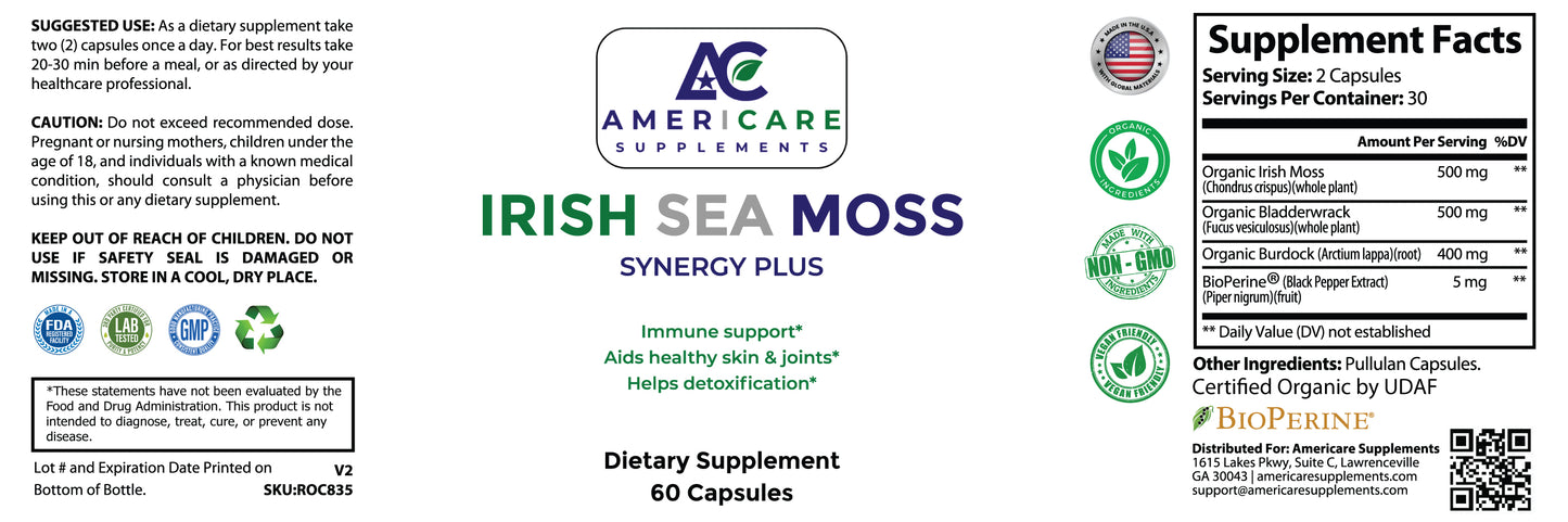 Supplement label for Americare Supplements Irish Sea Moss Synergy Plus with serving information and ingredients listed.