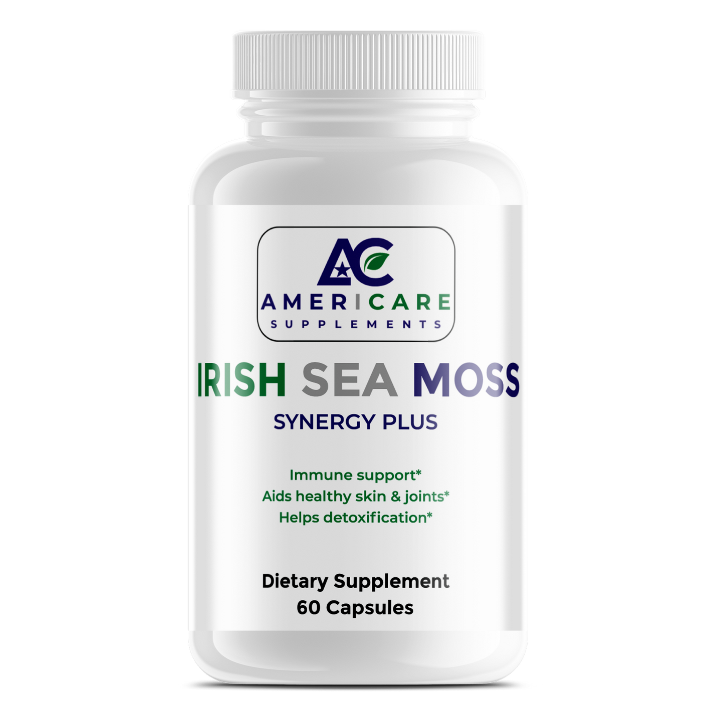 Supplement bottle labeled 'Irish Sea Moss Synergy Plus' by Americare Supplements on a white background