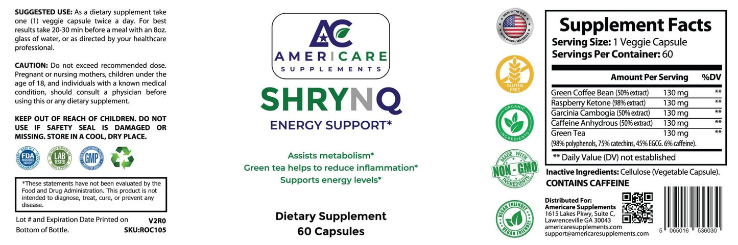 ShrynQ Energy Support Label – Thermogenic Fat Burner with Green Coffee, Raspberry Ketone & Garcinia - Americare Supplements