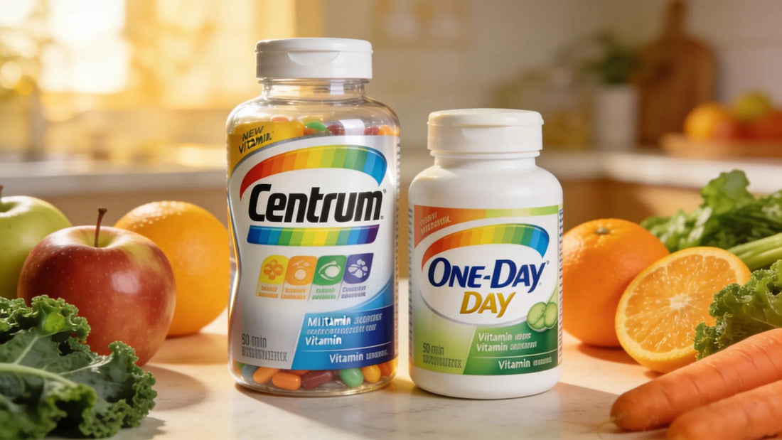 Centrum and One A Day women's multivitamin bottles on a countertop with fresh fruits and vegetables