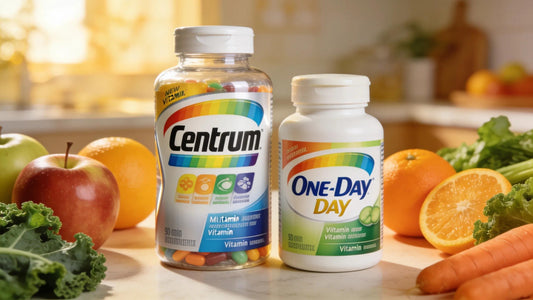 Centrum and One A Day women's multivitamin bottles on a countertop with fresh fruits and vegetables