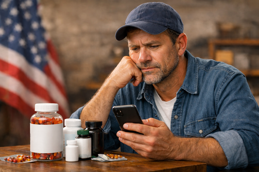 Man comparing vitamin subscription options while researching the best vitamin subscription for daily health
