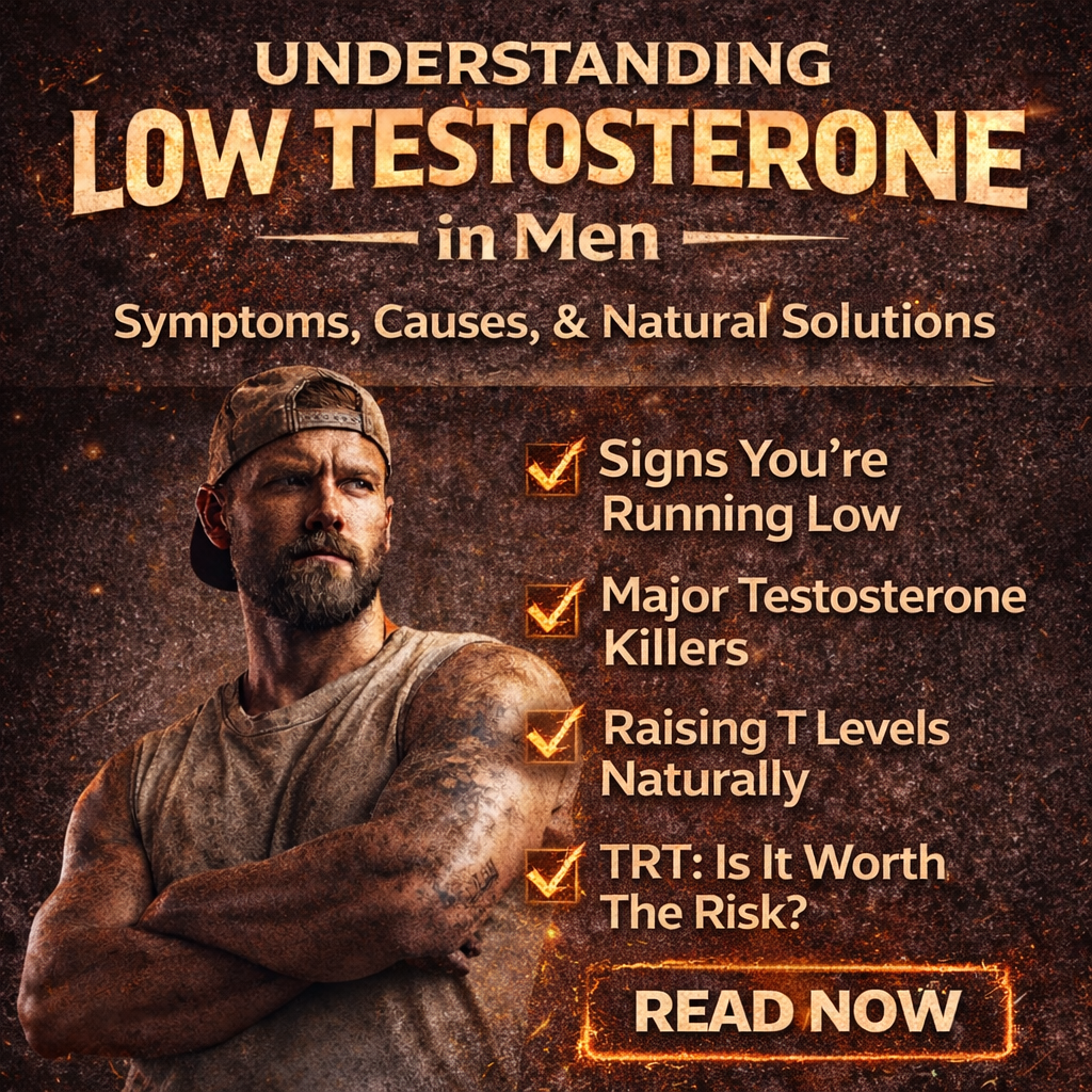 Infographic showing the causes, symptoms, and solutions for low testosterone in men.