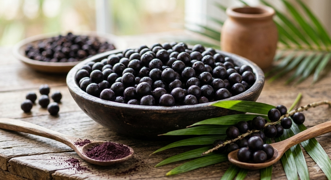 Deep purple raw acai berries in a rustic wooden bowl, highlighting natural antioxidant-rich fruit.