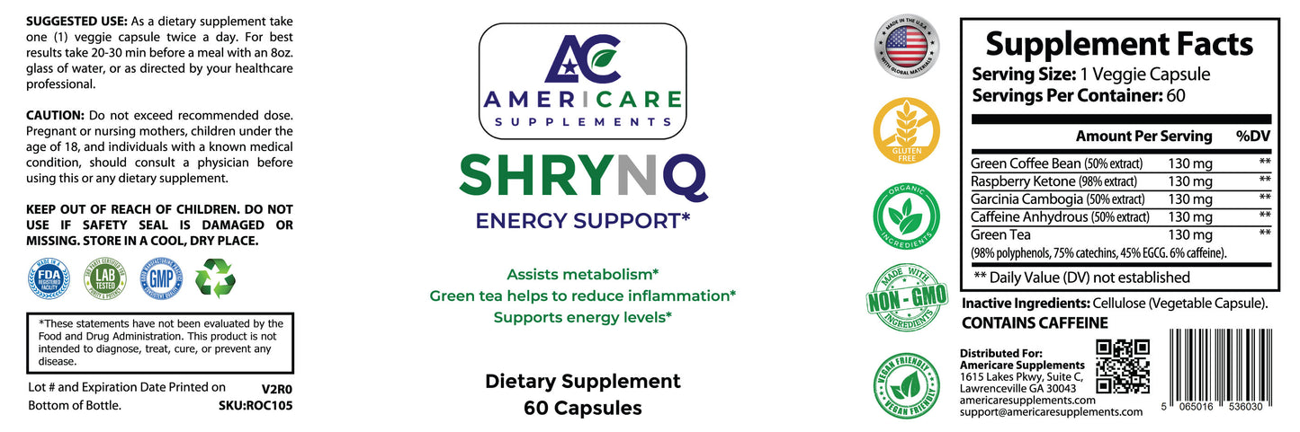 ShrynQ Energy Support – Thermogenic Fat Burner with Green Coffee, Raspberry Ketone & Garcinia
