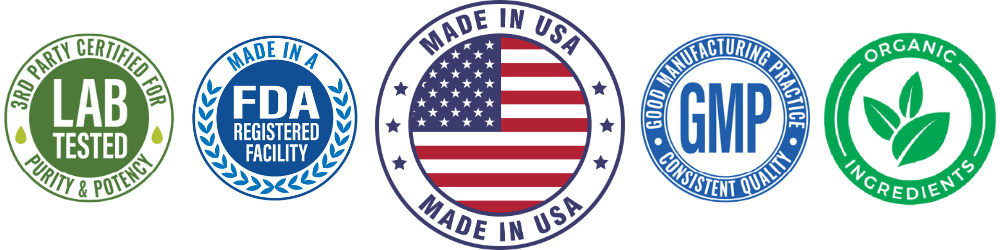 Americare Supplements trust badges — Made in USA, Organic, Third-Party Tested, FDA and GMP Registered Facilities