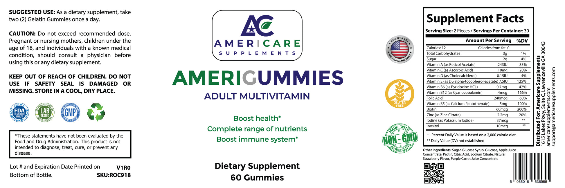 American Gummies Adult Multivitamin supplement label with Americare Supplements branding.