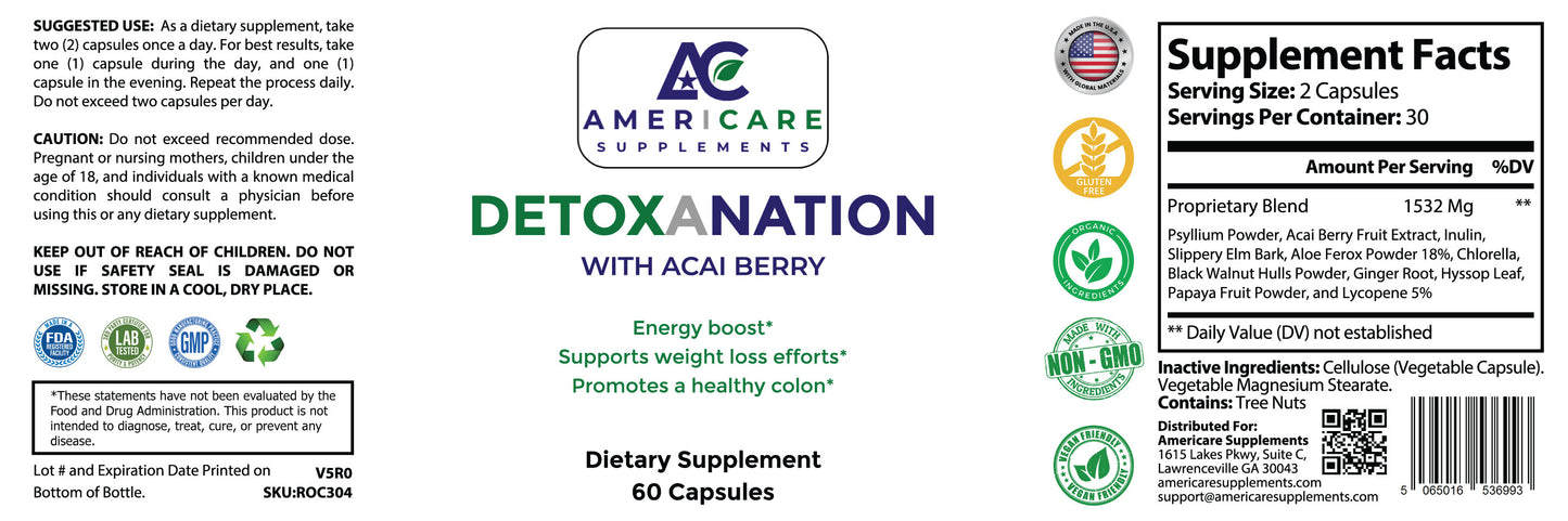 Supplement label for Americare Detoxination with Acai Berry dietary supplement.