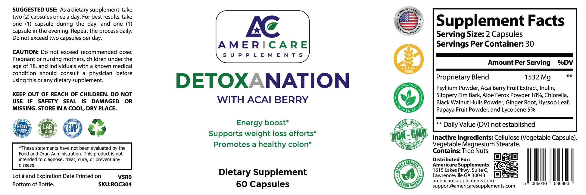 Supplement label for Americare Detoxination with Acai Berry dietary supplement.
