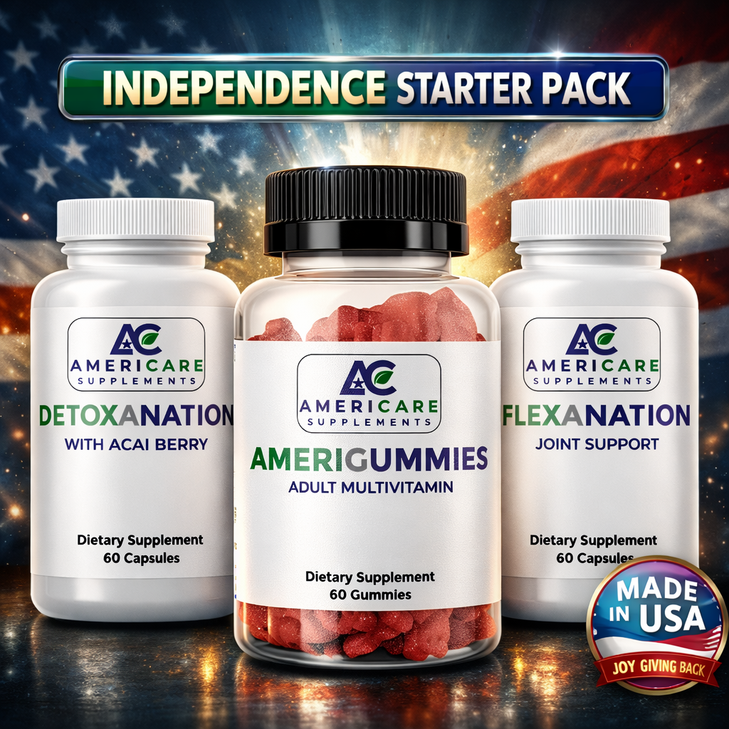 Three Americare Supplements bottles with an American flag background, labeled 'Independence Starter Pack'.