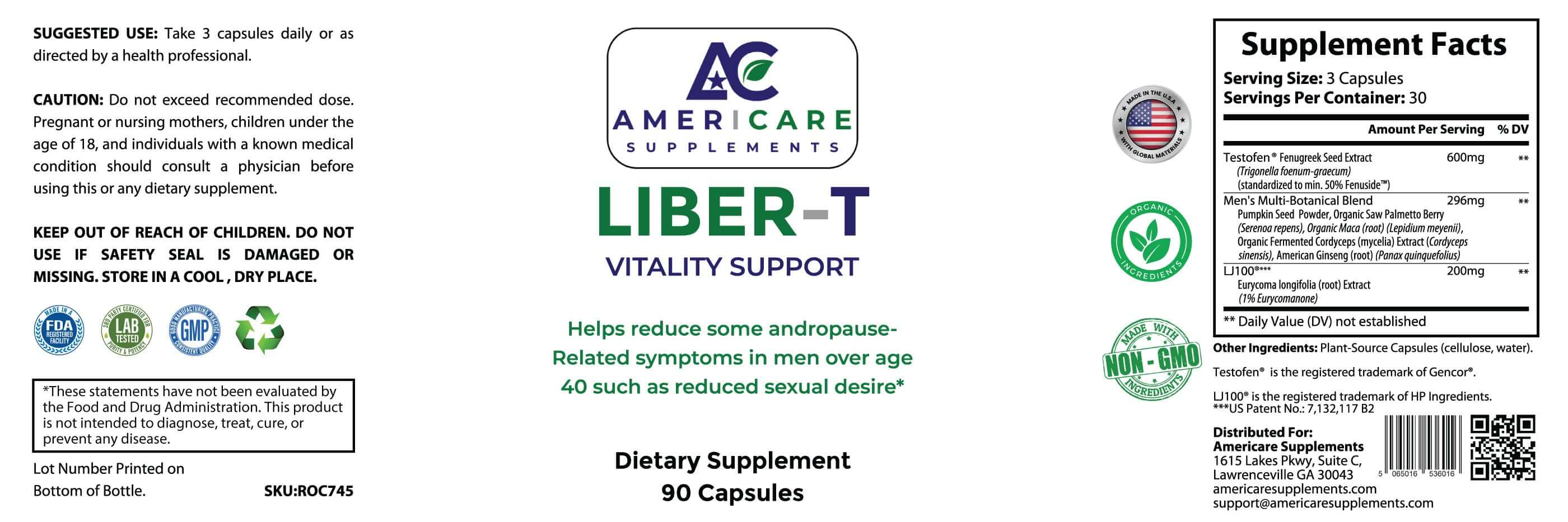 Liber-T Vitality Support supplement label with organic ingredient details