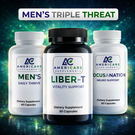 Men’s Triple Threat Bundle - Americare Supplements. Three Americare Supplements bottles labeled 'Men's Daily Thrive', 'Liber-T', and 'Focus Nation' on a cosmic background.