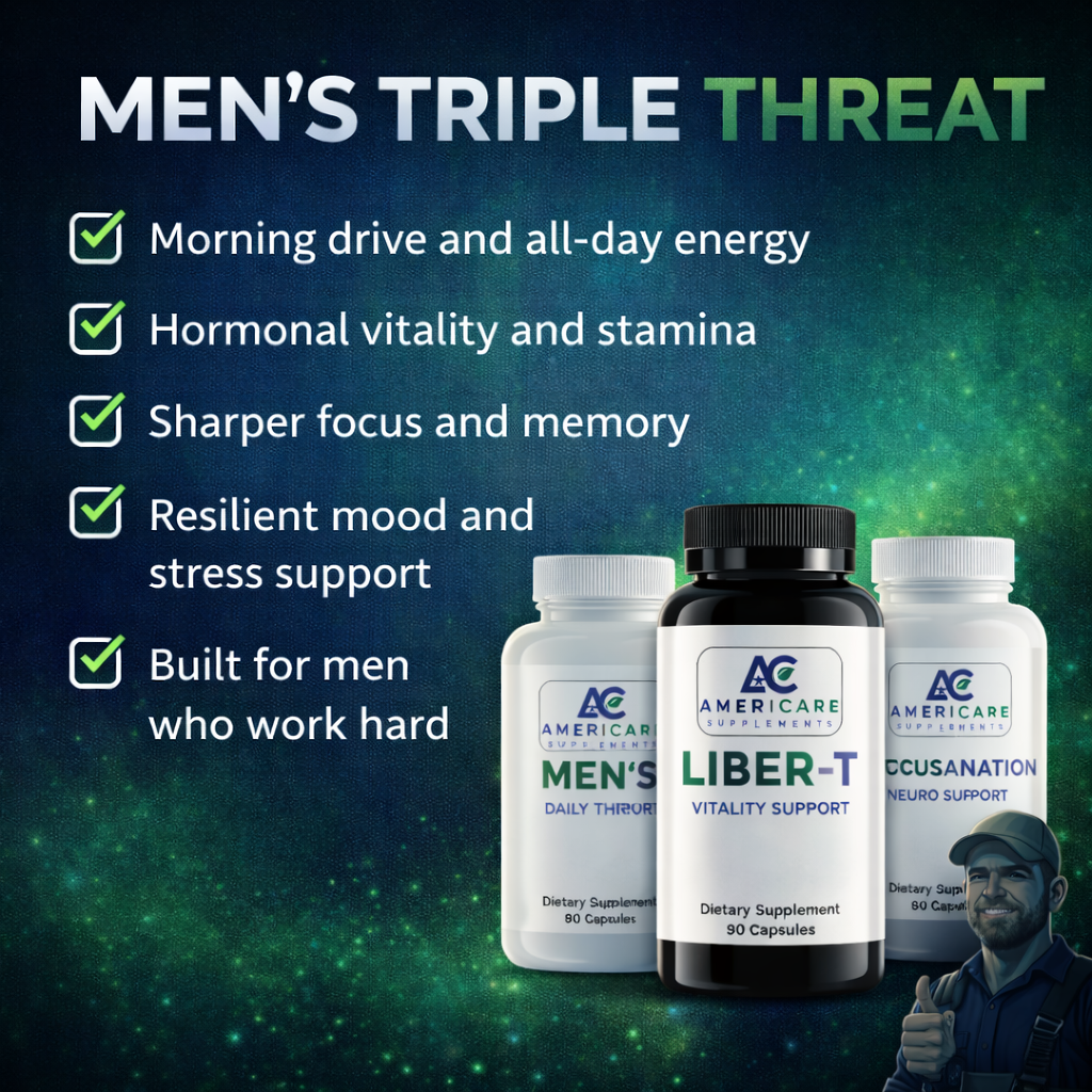 Men’s Triple Threat Bundle - Americare Supplements - Supplement products with text highlighting benefits for men on a dark blue and green gradient background.
