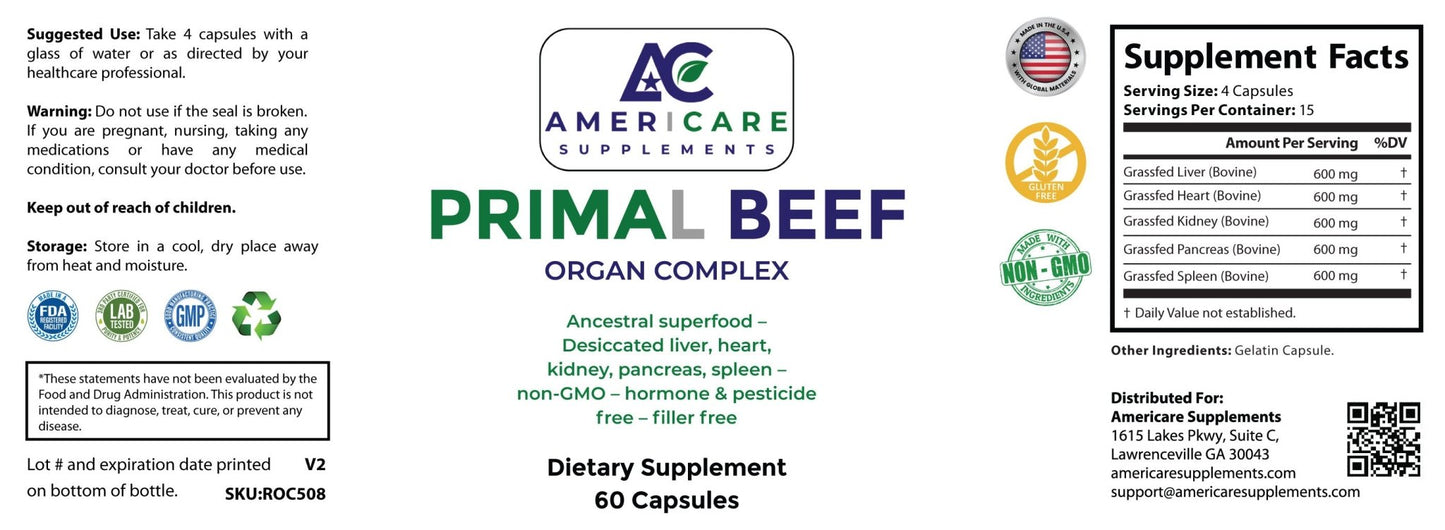 Primal Beef Organ Complex – Grass - Fed Ancestral Superfood - Label -  Americare Supplements