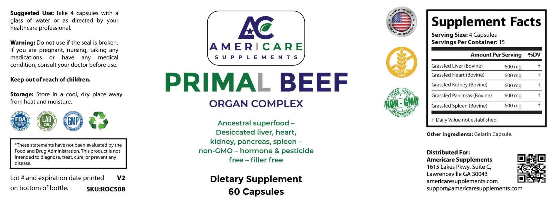 Primal Beef Organ Complex – Grass - Fed Ancestral Superfood - Label -  Americare Supplements