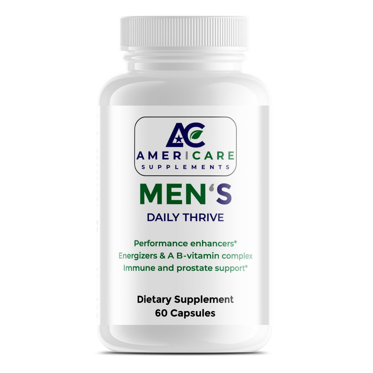 A bottle of Americare Supplements Men's Daily Thrive dietary supplements, with 60 capsules. The label states the product is for energy and immune support.