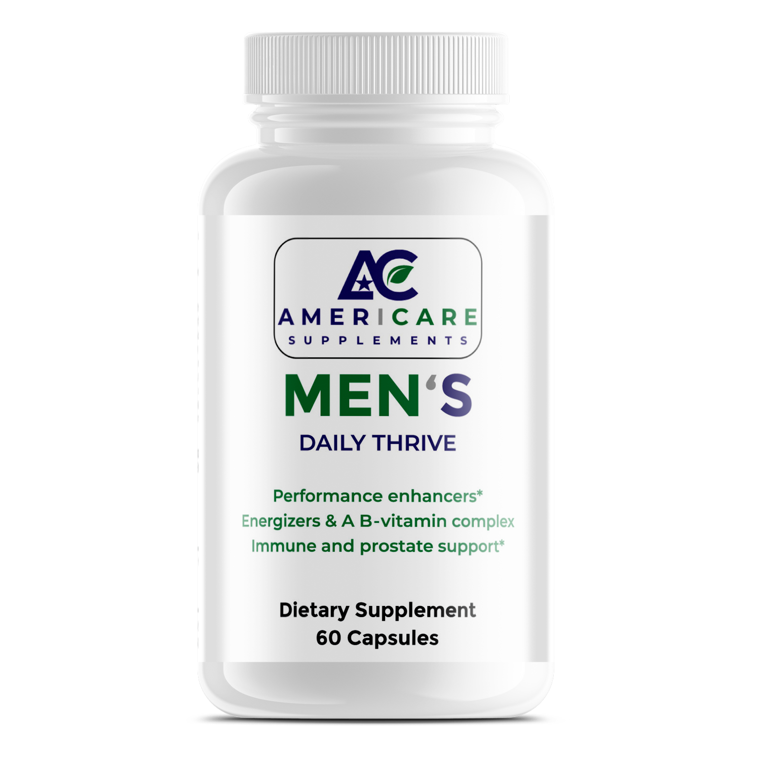 A bottle of Americare Supplements Men's Daily Thrive dietary supplements, with 60 capsules. The label states the product is for energy and immune support.