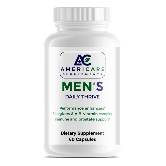 A bottle of Americare Supplements Men's Daily Thrive dietary supplements, with 60 capsules. The label states the product is for energy and immune support.
