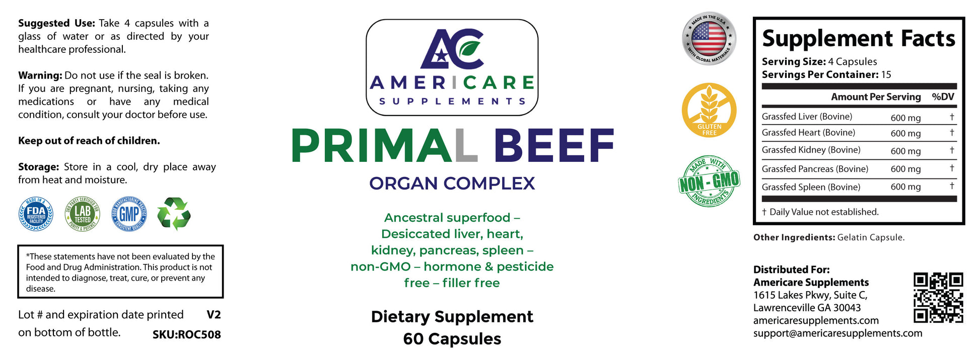 Supplement label for Americare Supplements Primal Beef Organ Complex with supplement facts and branding.