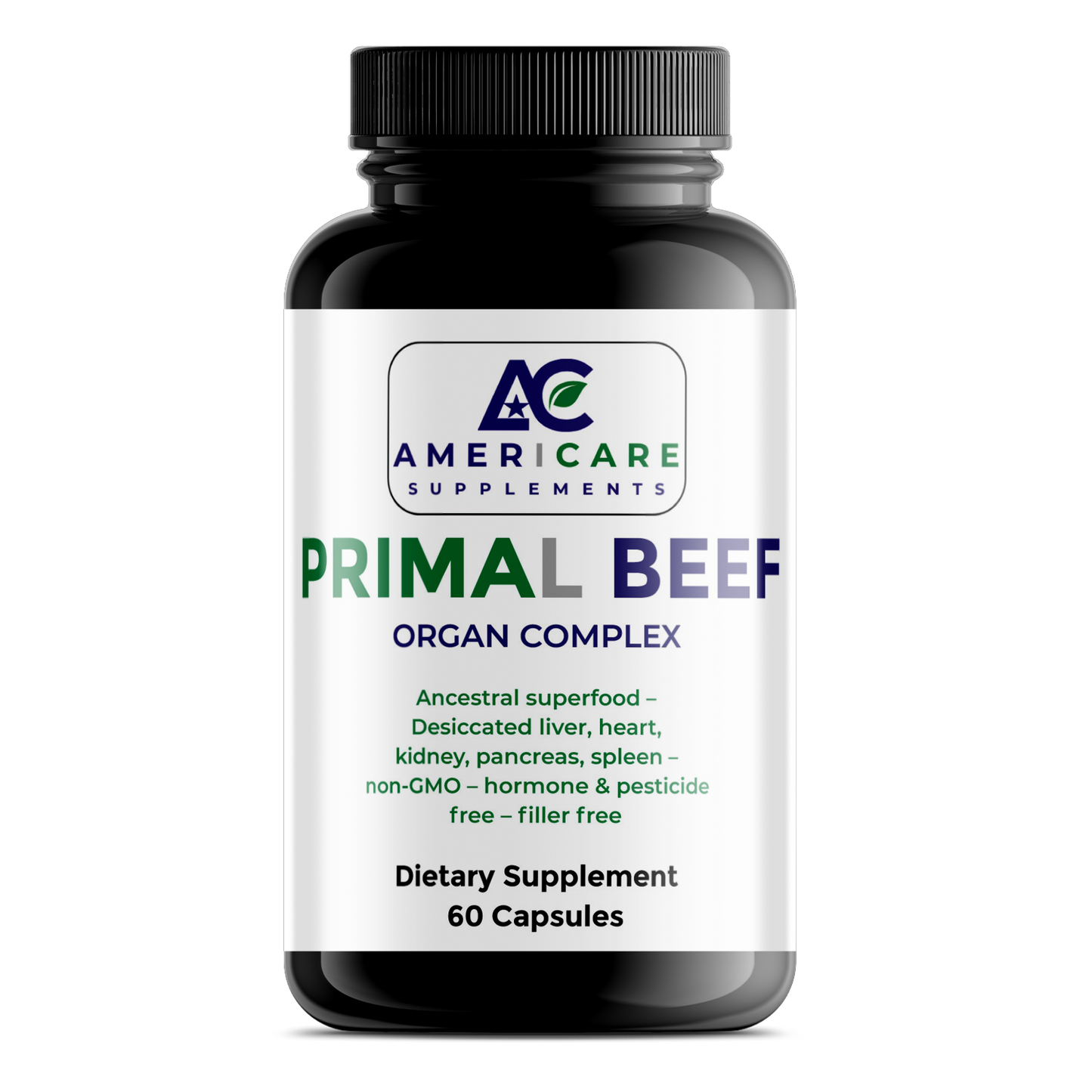 Supplement bottle labeled 'Primal Beef Organ Complex' by Americare Supplements on a white background
