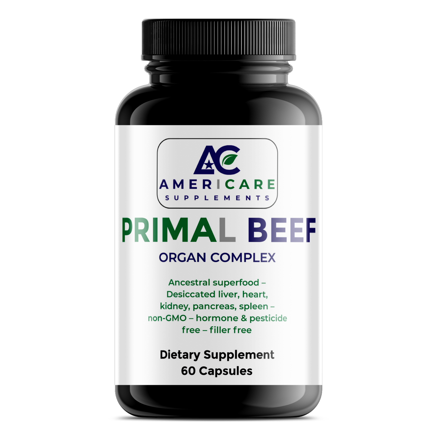 Supplement bottle labeled 'Primal Beef Organ Complex' by Americare Supplements on a white background