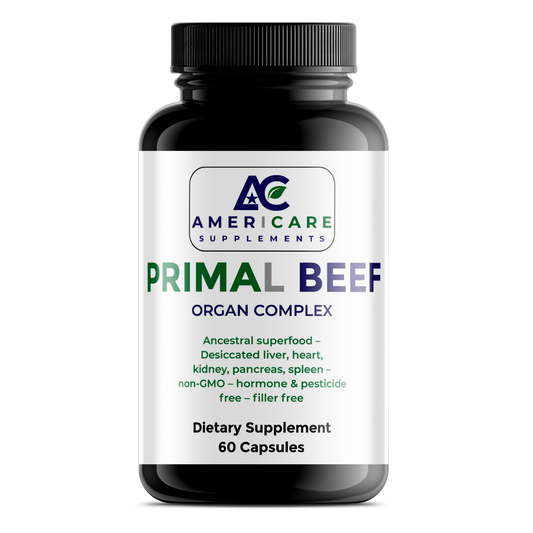 Supplement bottle labeled 'Primal Beef Organ Complex' by Americare Supplements on a white background