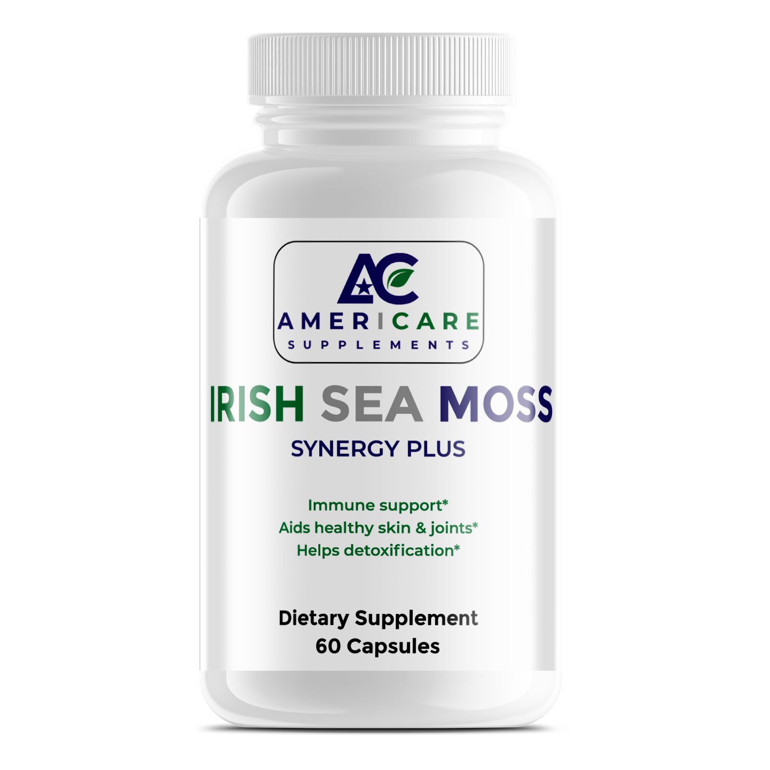 Supplement bottle labeled 'Irish Sea Moss Synergy Plus' by Americare Supplements on a white background