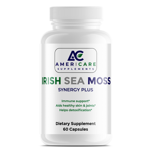 Supplement bottle labeled 'Irish Sea Moss Synergy Plus' by Americare Supplements on a white background